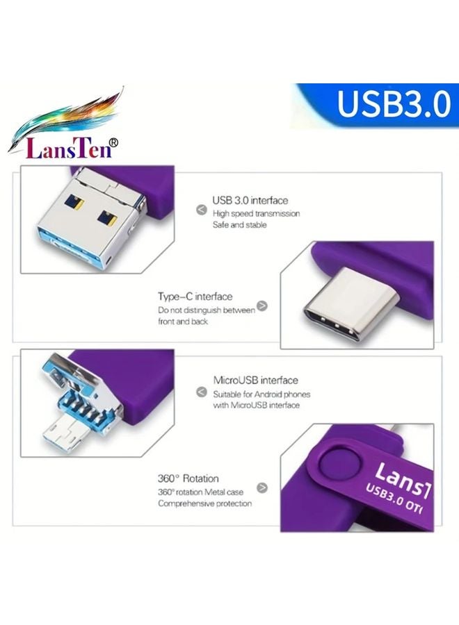 LansTen 128GB 3 In 1 OTG High Speed Flash Drive Type C Micro USB USB 3 0 Memory Stick - Image 4